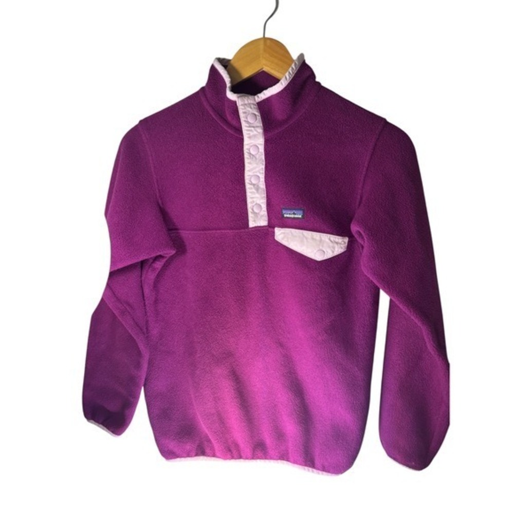 Patagonia Girls XL Fleece Pullover Purple Pink Trim Snap Button Mock Neck